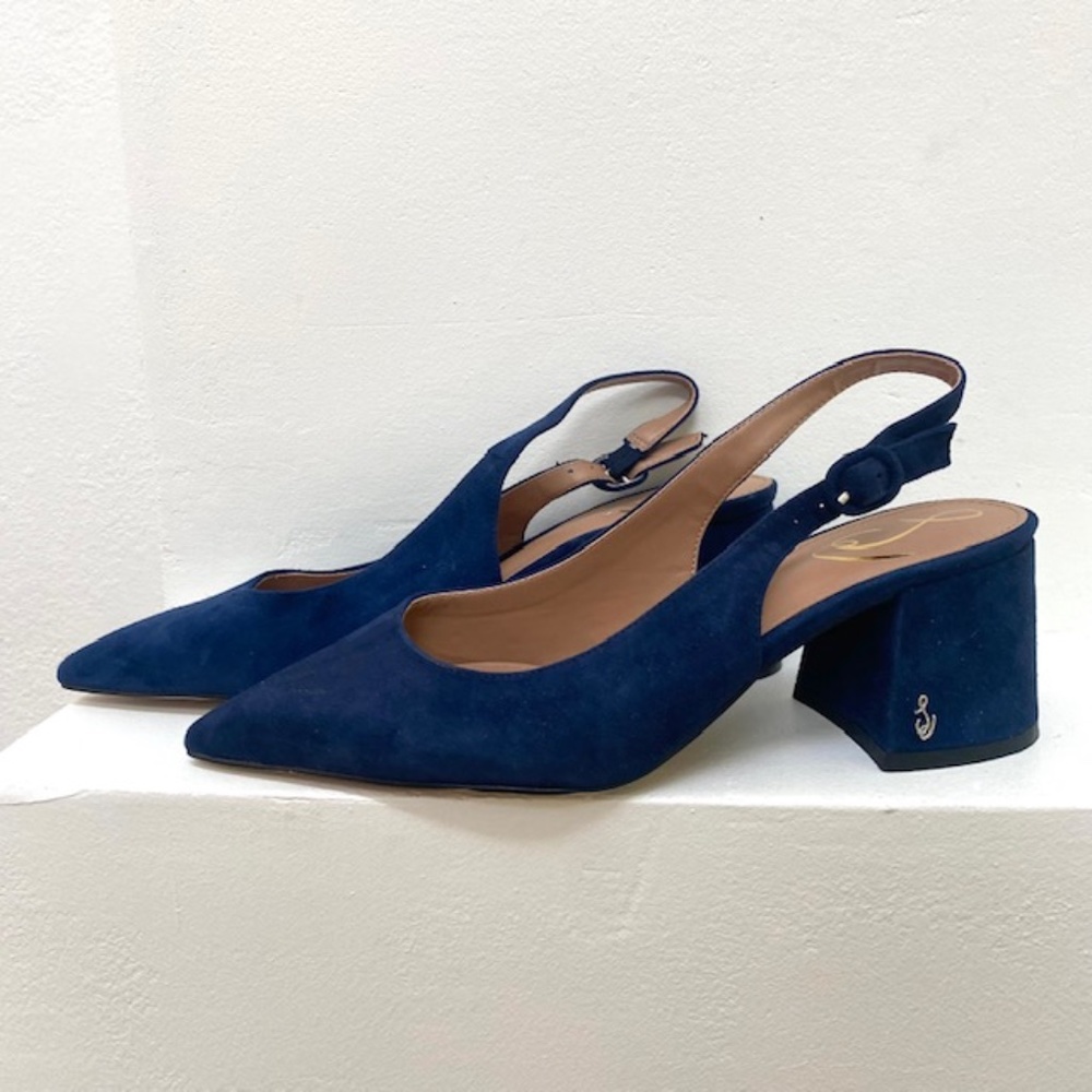 NWOT Sam Edelman Petra Slingback Baltic Navy Blue Suede Block Heels, Size 8.5